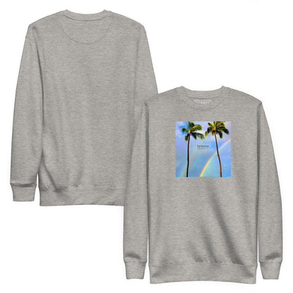 Gray sweatshirt with graphic of two palm trees with a rainbow in background. Plain back of shirt also shown.