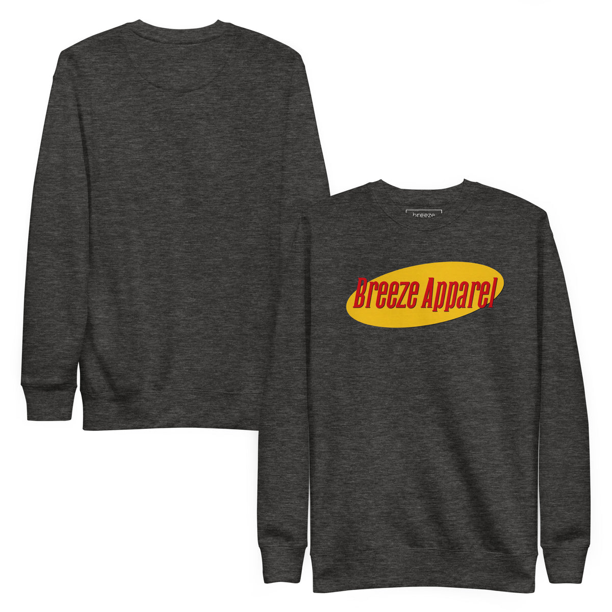 Gray sweatshirt with graphic of red lettering set on a yellow oval. Plain backside also shown.