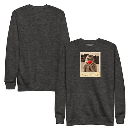 Gray sweatshirt with graphic of woman holding slice of watermelon in front of her mouth. Plain back also shown.