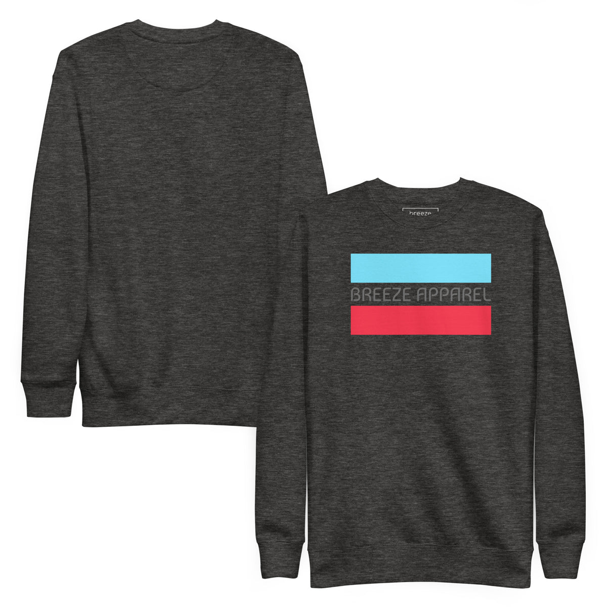 Gray sweatshirt with logo consisting of gray lettering set between light-blue and red horizontal lines. Plain back also shown.
