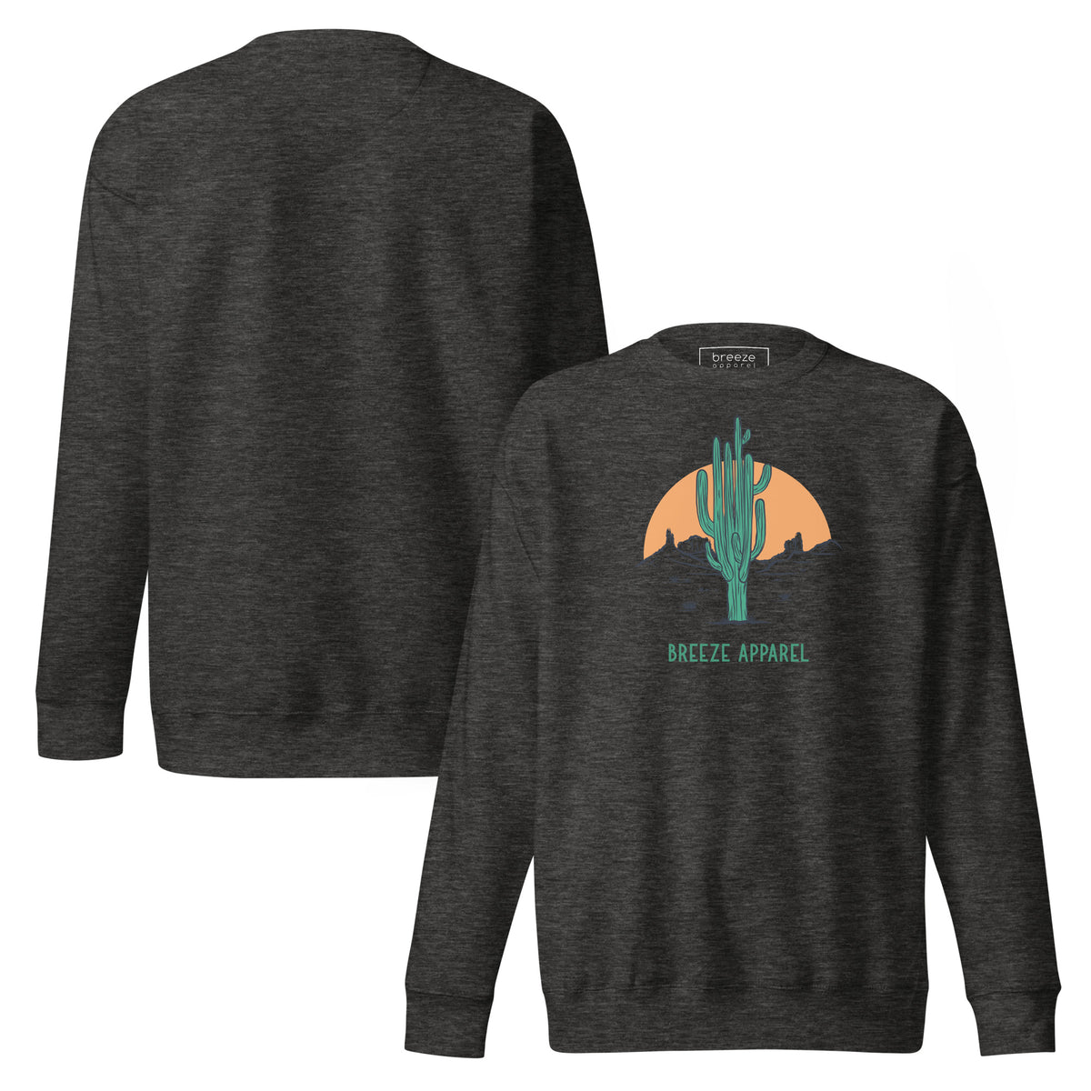 Gray sweatshirt with graphic of cactus and sun. Plain back also shown.