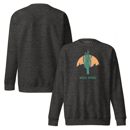 Gray sweatshirt with graphic of cactus and sun. Plain back also shown.
