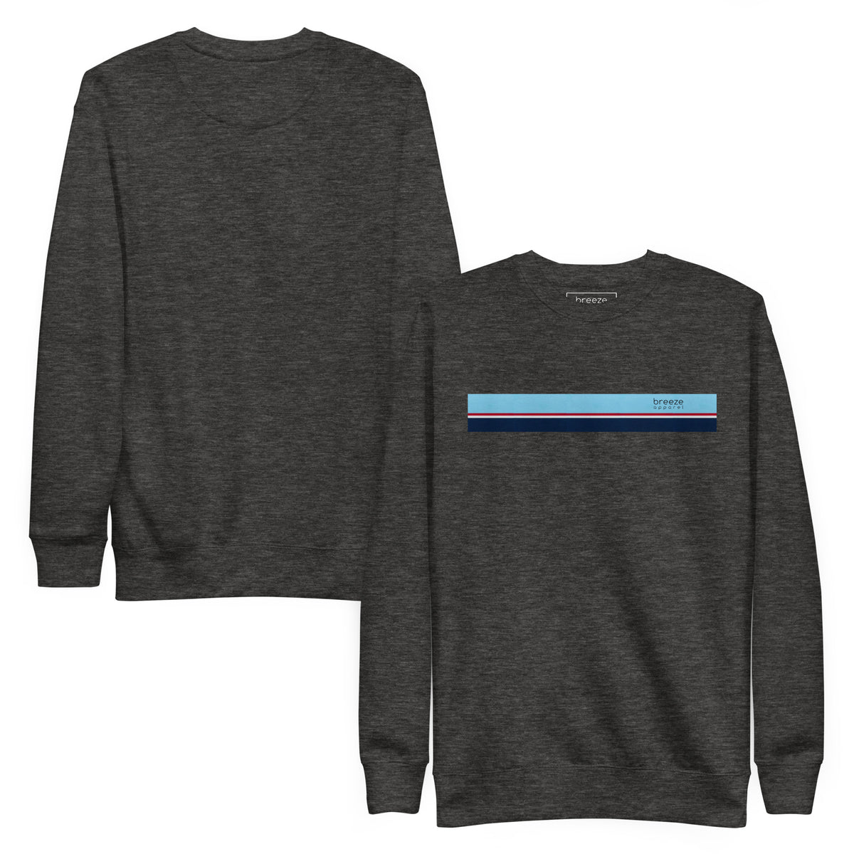 Gray sweatshirt with horizontal light-blue, red, white, and navy stripes across chest. Plain back also shown.