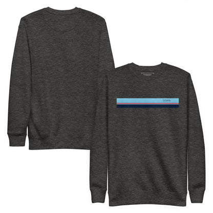 Gray sweatshirt with horizontal light-blue, red, white, and navy stripes across chest. Plain back also shown.