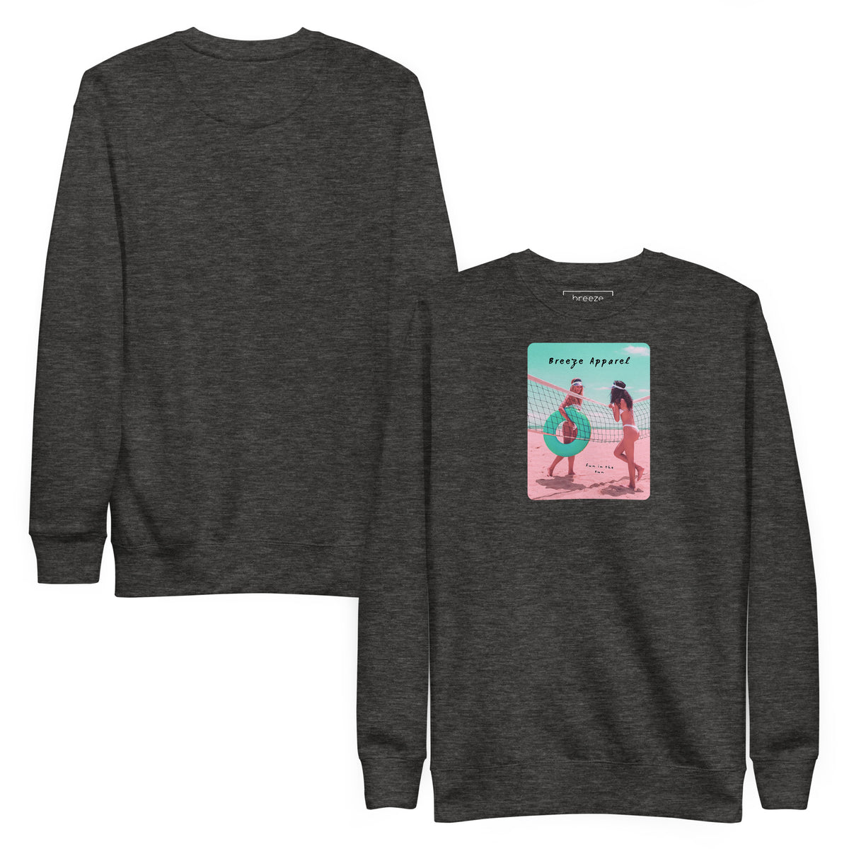Gray sweatshirt with graphic of two women in bikinis, talking on the beach. Plain back of shirt is also shown.