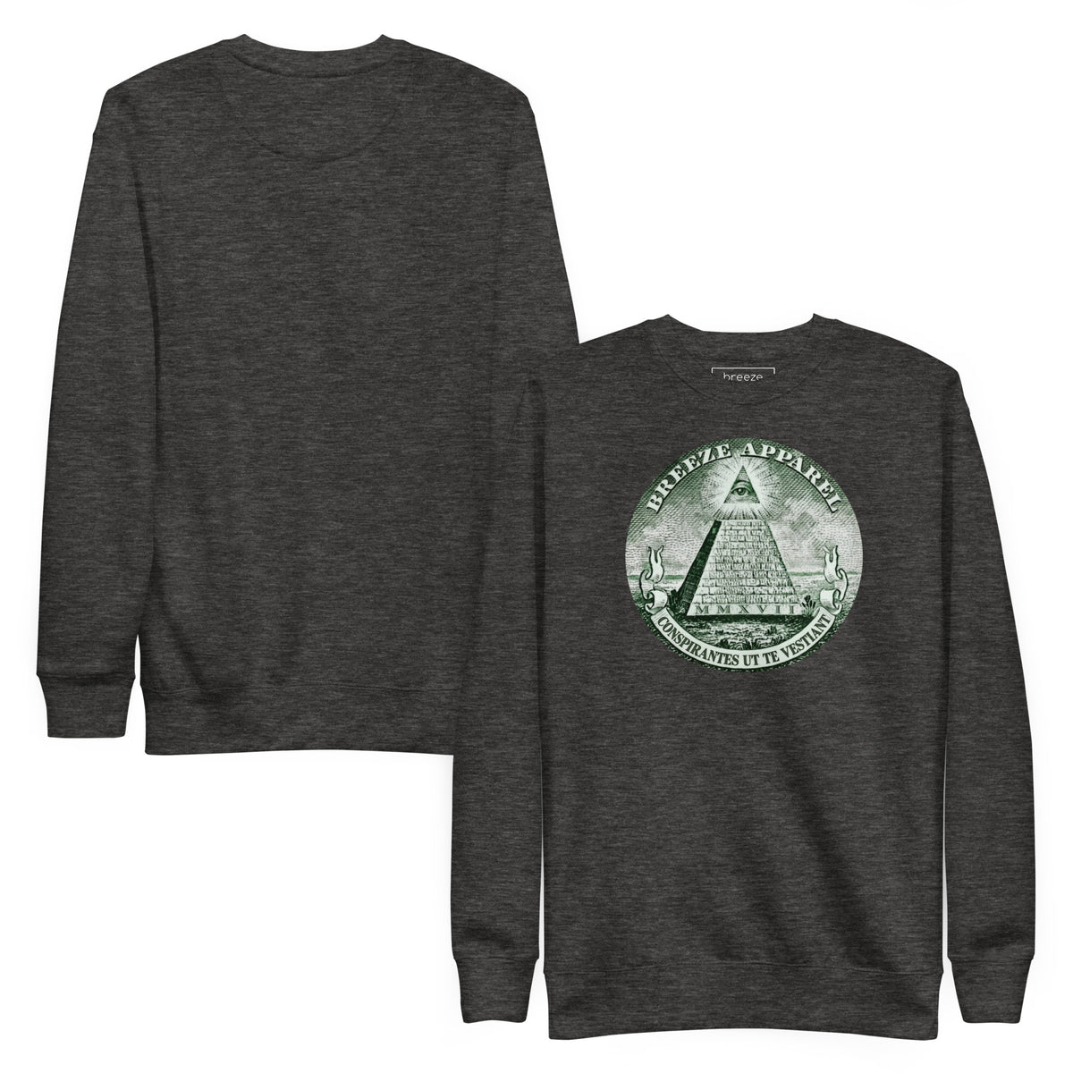 Gray sweatshirt with graphic of pyramid resembling that on the US one-dollar bill. Plain back of shirt also shown.