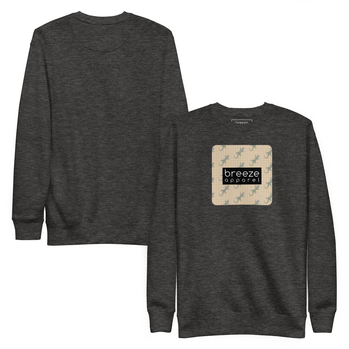 Gray sweatshirt with square over chest that contains pattern of green geckos set on beige background, overlaid with black, rectangular logo with white lettering. Plain back also shown.
