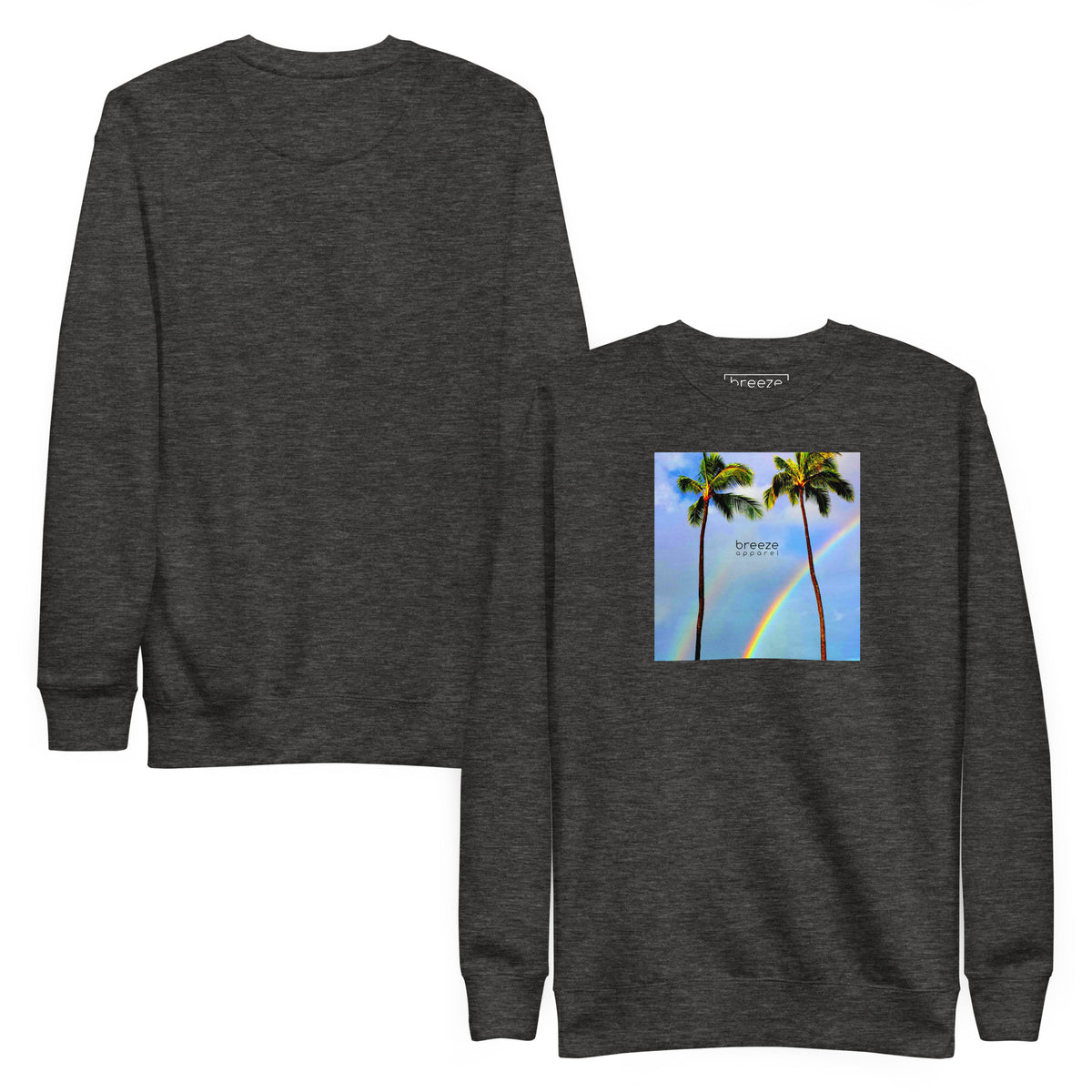 Gray sweatshirt with graphic of two palm trees with a rainbow in background. Plain back of shirt also shown.