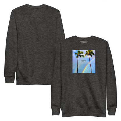 Gray sweatshirt with graphic of two palm trees with a rainbow in background. Plain back of shirt also shown.