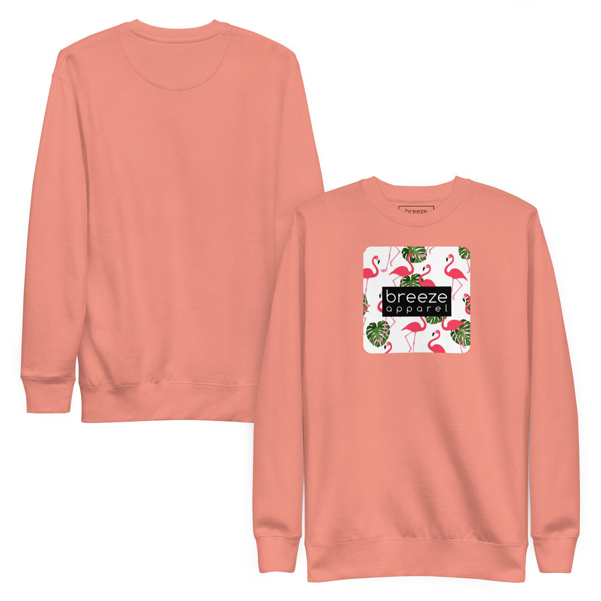 Pink sweatshirt with square graphic of flamingos and green palm leaves set on a white background and overlaid with a black, rectangular logo. Plain back of shirt also shown.