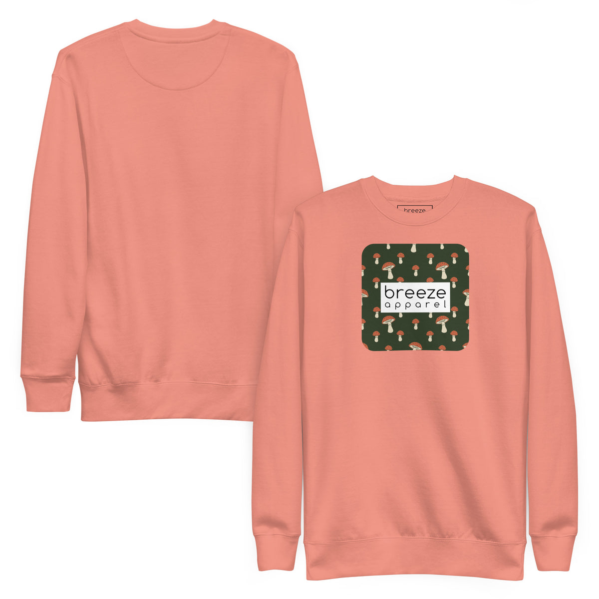 Pink sweatshirt with square graphic of mushrooms set on a green background and overlaid with a white, rectangular logo. Plain back also shown.