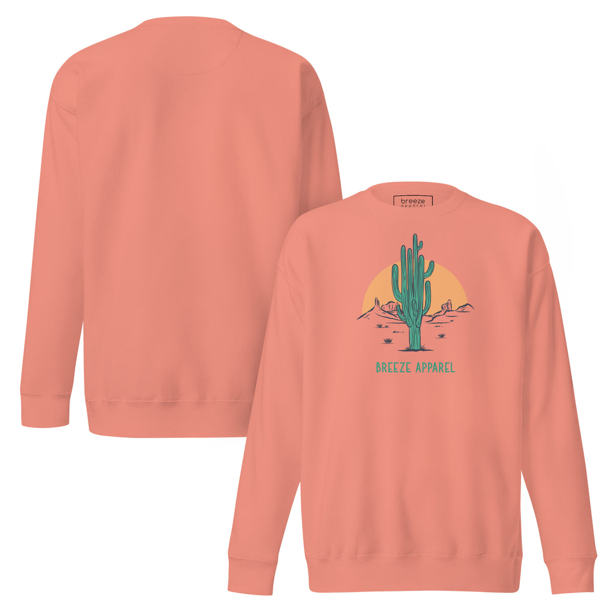 Pink sweatshirt with graphic of cactus and sun. Plain back also shown.