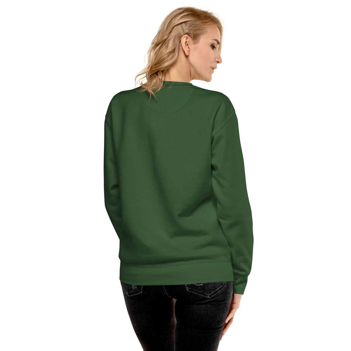 Rear view of woman wearing green sweatshirt.