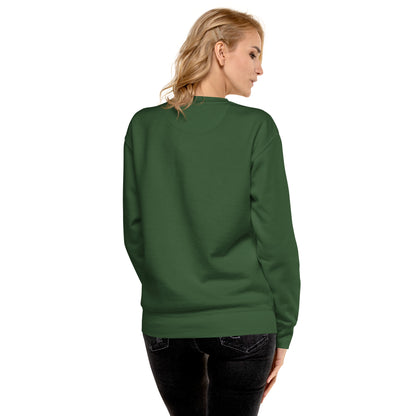 Rear view of woman wearing green sweatshirt.