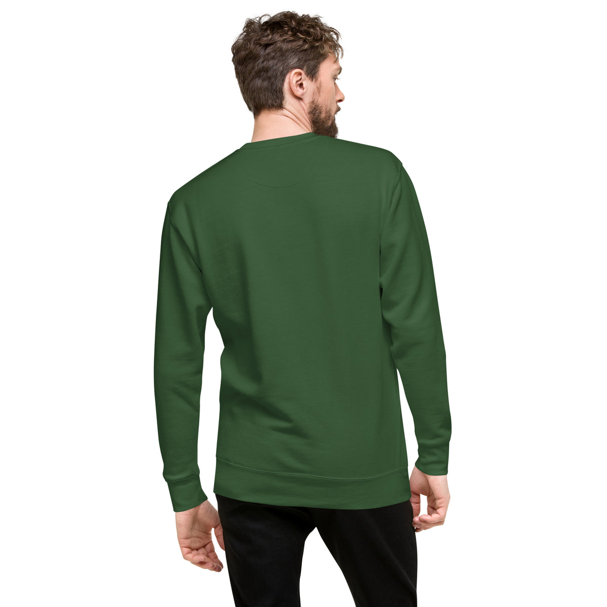 Rear view of man wearing green sweatshirt.