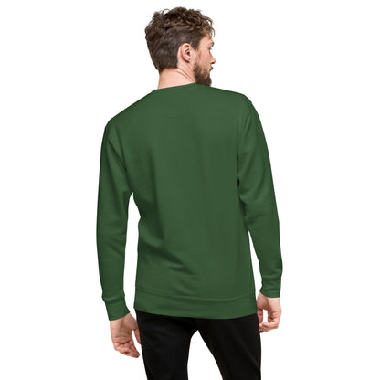 Rear view of man wearing green sweatshirt.