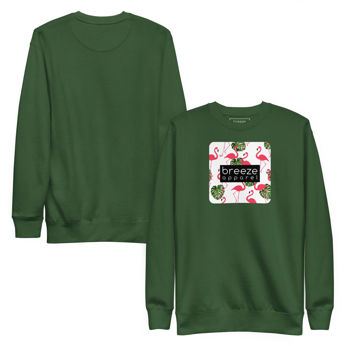 Green sweatshirt with square graphic of flamingos and green palm leaves set on a white background and overlaid with a black, rectangular logo. Plain back of shirt also shown.