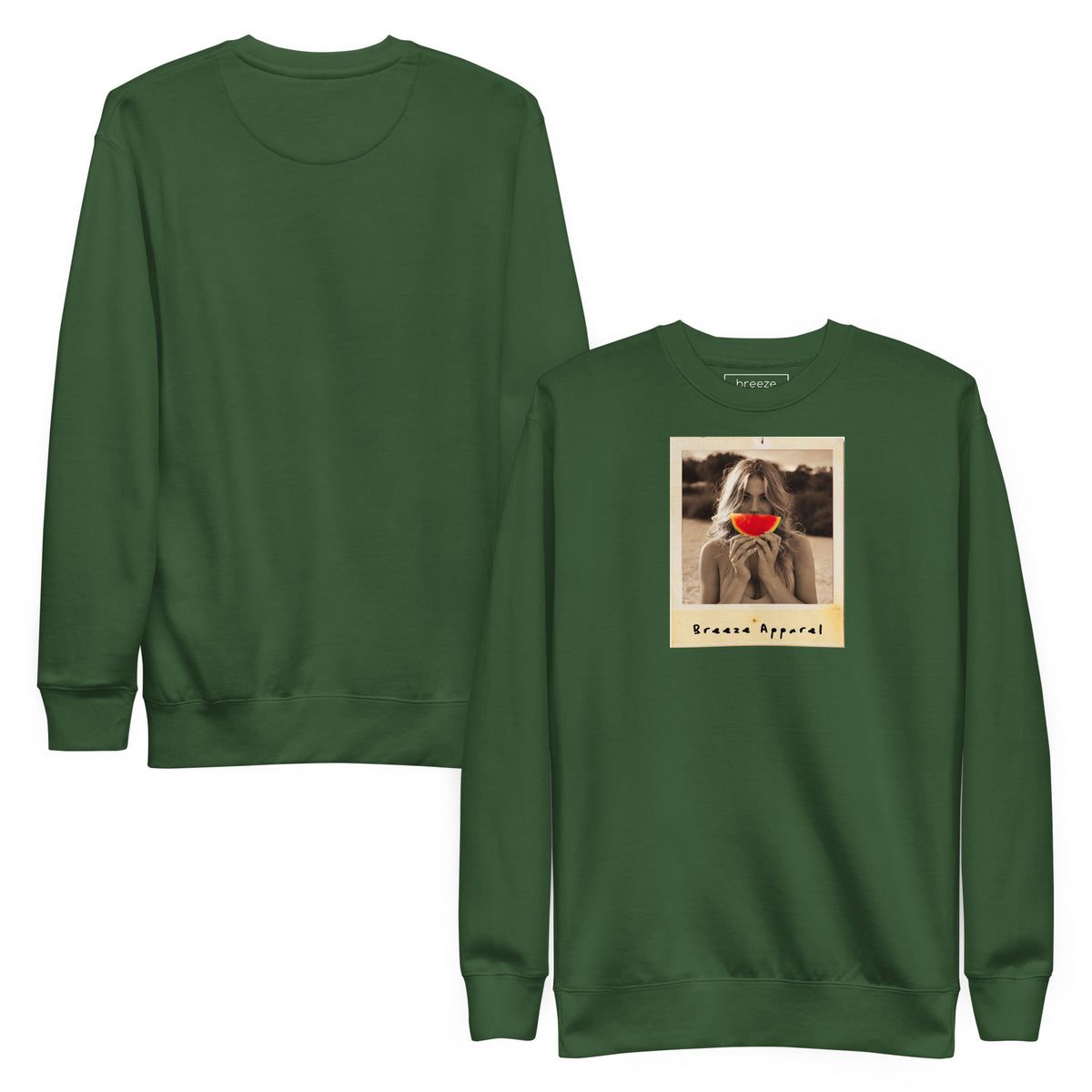 Green sweatshirt with graphic of woman holding slice of watermelon in front of her mouth. Plain back also shown.
