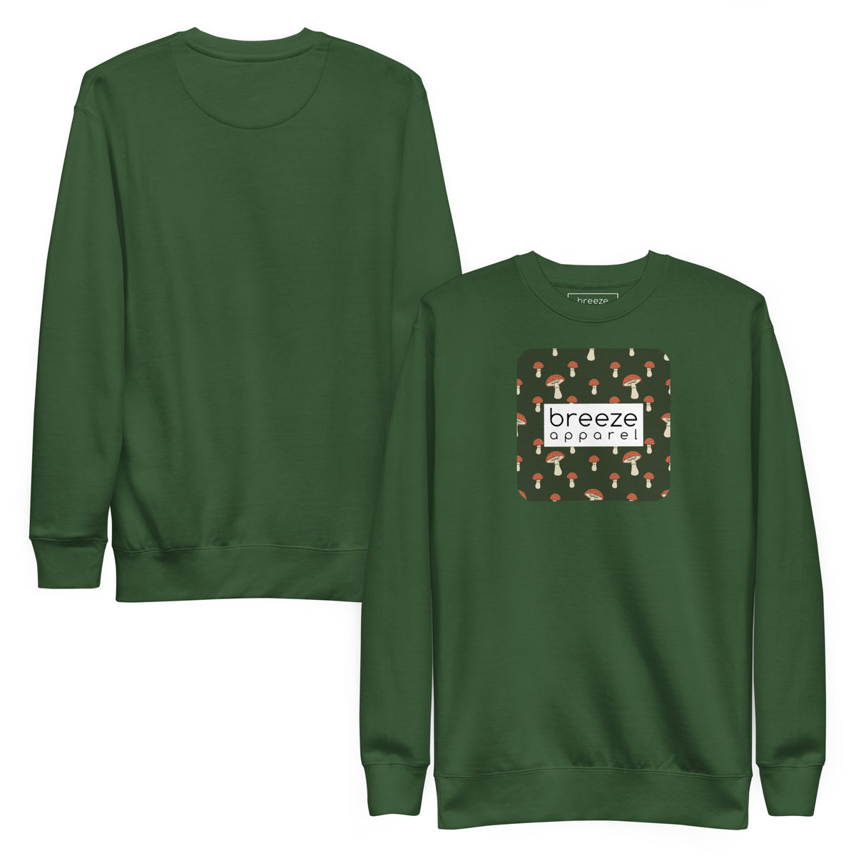 Green sweatshirt with square graphic of mushrooms set on a green background and overlaid with a white, rectangular logo. Plain back also shown.