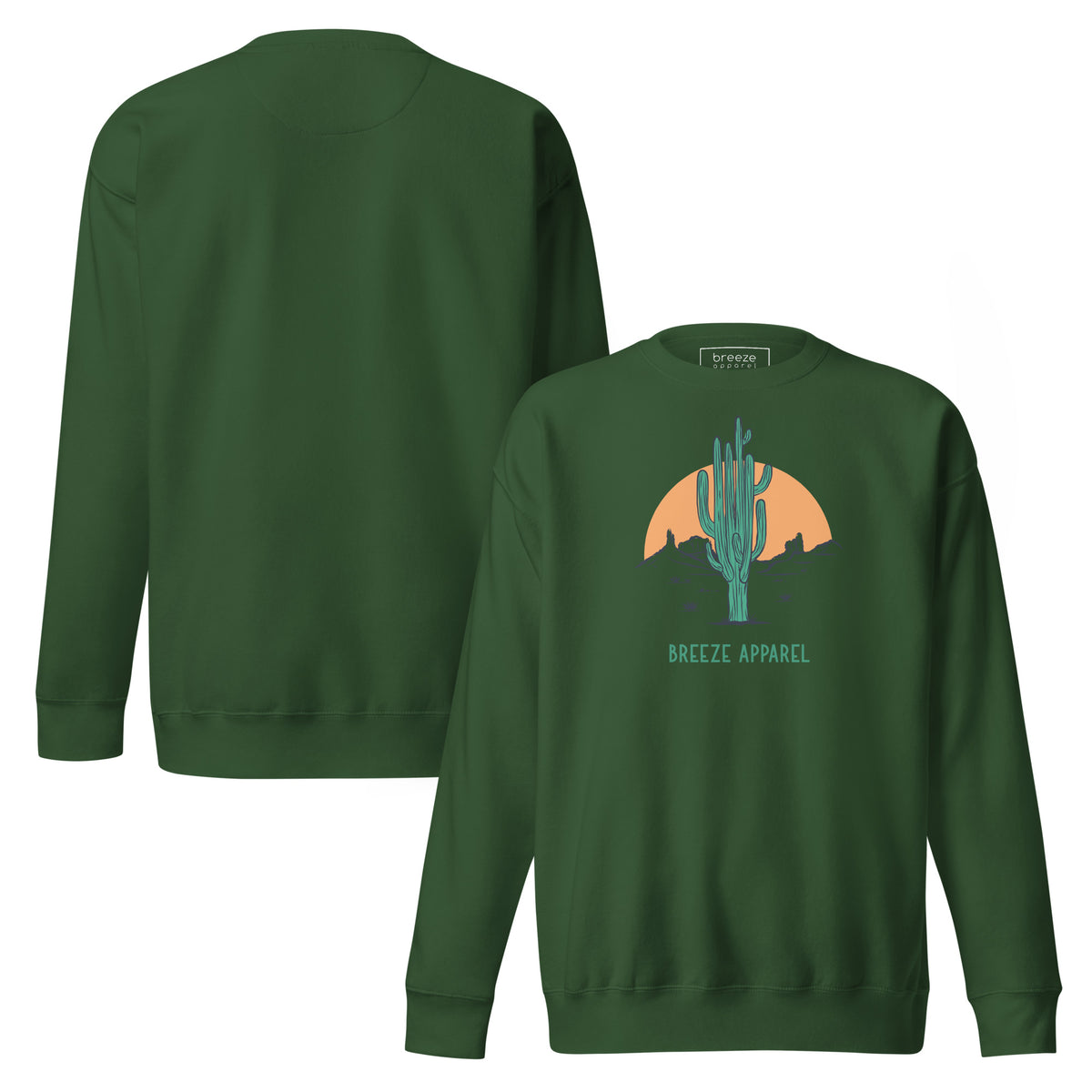 Green sweatshirt with graphic of cactus and sun. Plain back also shown.