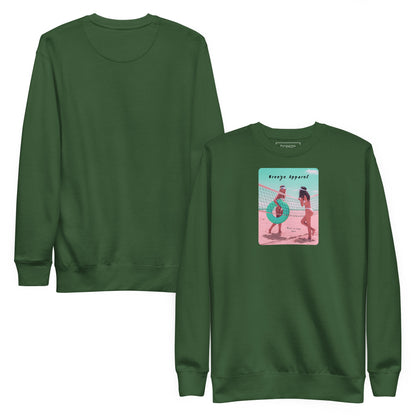 Green sweatshirt with graphic of two women in bikinis, talking on the beach. Plain back of shirt is also shown.