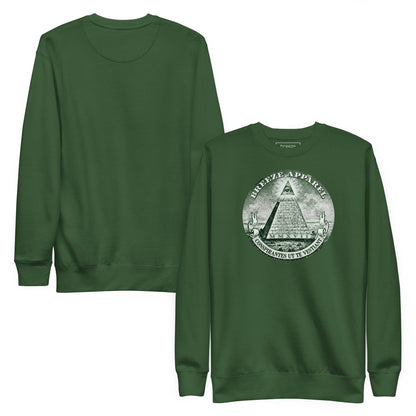 Green sweatshirt with graphic of pyramid resembling that on the US one-dollar bill. Plain back of shirt also shown.