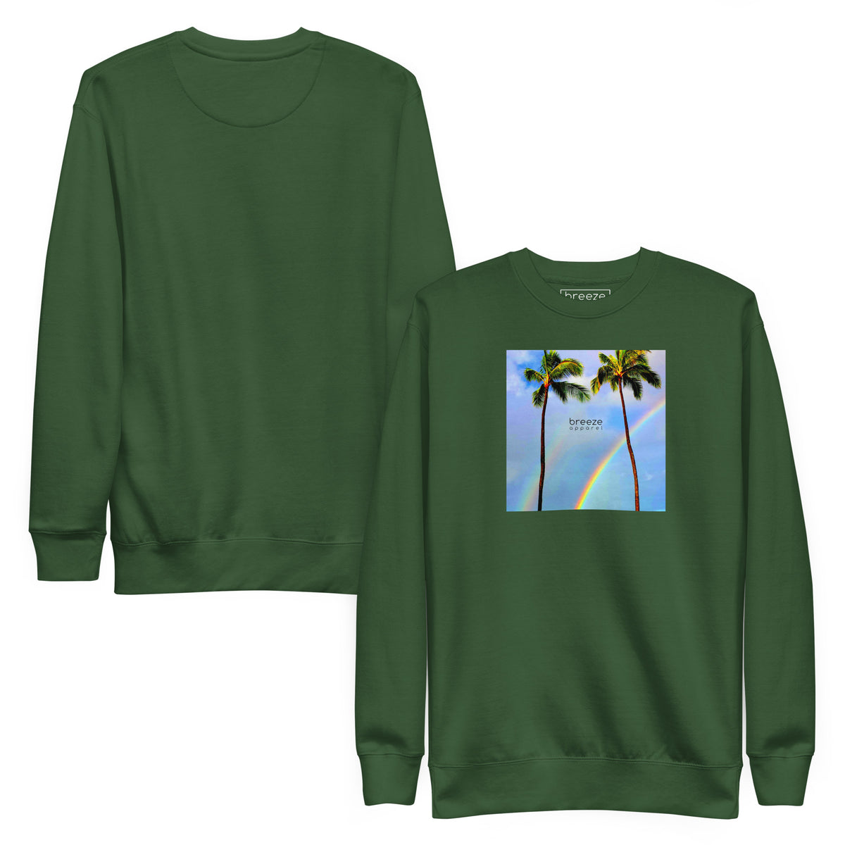 Green sweatshirt with graphic of two palm trees with a rainbow in background. Plain back of shirt also shown.