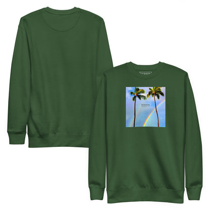 Green sweatshirt with graphic of two palm trees with a rainbow in background. Plain back of shirt also shown.