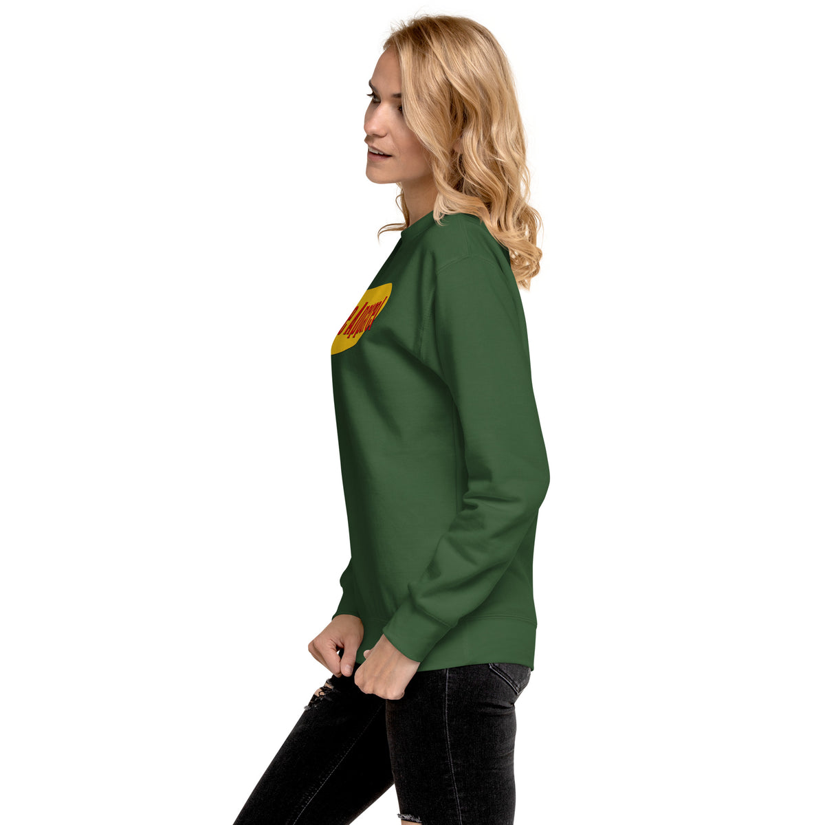Side view of woman wearing green sweatshirt.