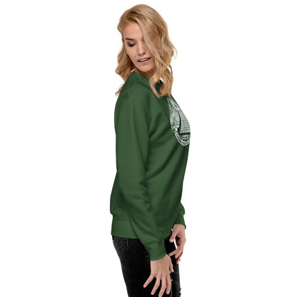 Side view of woman wearing green sweatshirt.