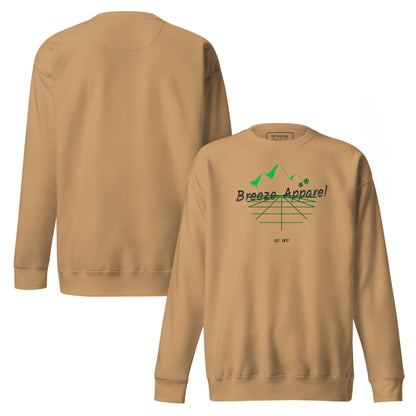 Brown sweatshirt with logo including black lettering, mountains, and palm trees. Plain back also shown.