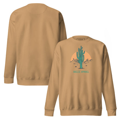 Brown sweatshirt with graphic of cactus and sun. Plain back also shown.