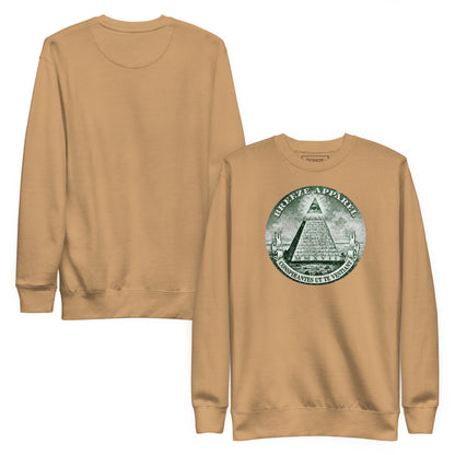 Brown sweatshirt with graphic of pyramid resembling that on the US one-dollar bill. Plain back of shirt also shown.