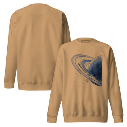 Brown sweatshirt with graphic of blue planet. Plain back of shirt also shown.