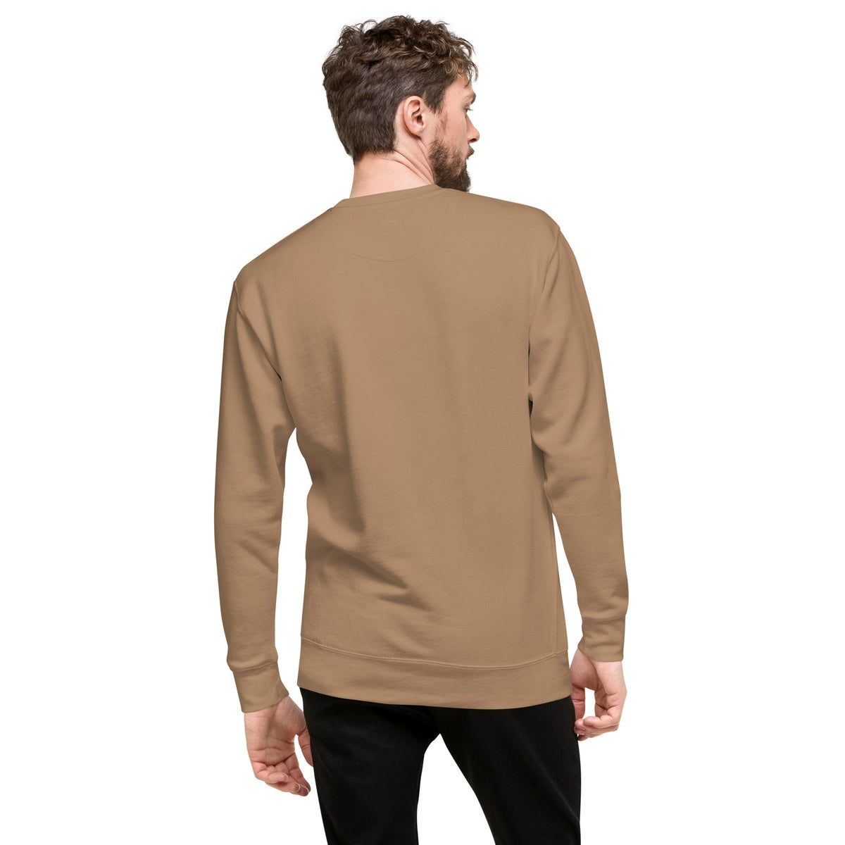 Rear view of man wearing brown sweatshirt.
