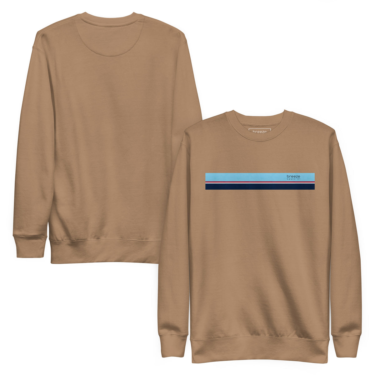 Brown sweatshirt with horizontal light-blue, red, white, and navy stripes across chest. Plain back also shown.