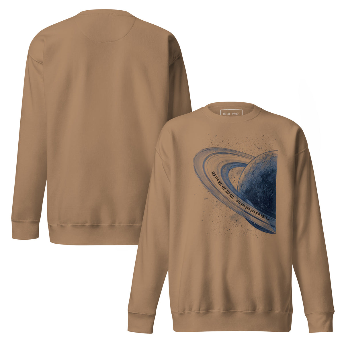 Brown sweatshirt with graphic of blue planet. Plain back of shirt also shown.