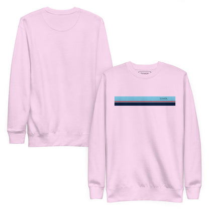 Lavender sweatshirt with horizontal light-blue, red, white, and navy stripes across chest. Plain back also shown.
