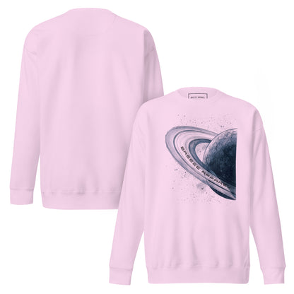 Lavender sweatshirt with graphic of blue planet. Plain back of shirt also shown.