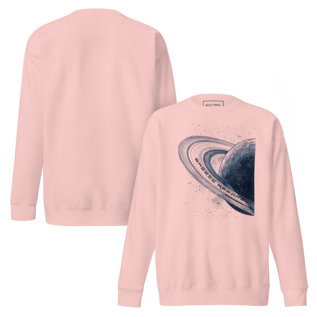 Pink sweatshirt with graphic of blue planet. Plain back of shirt also shown.