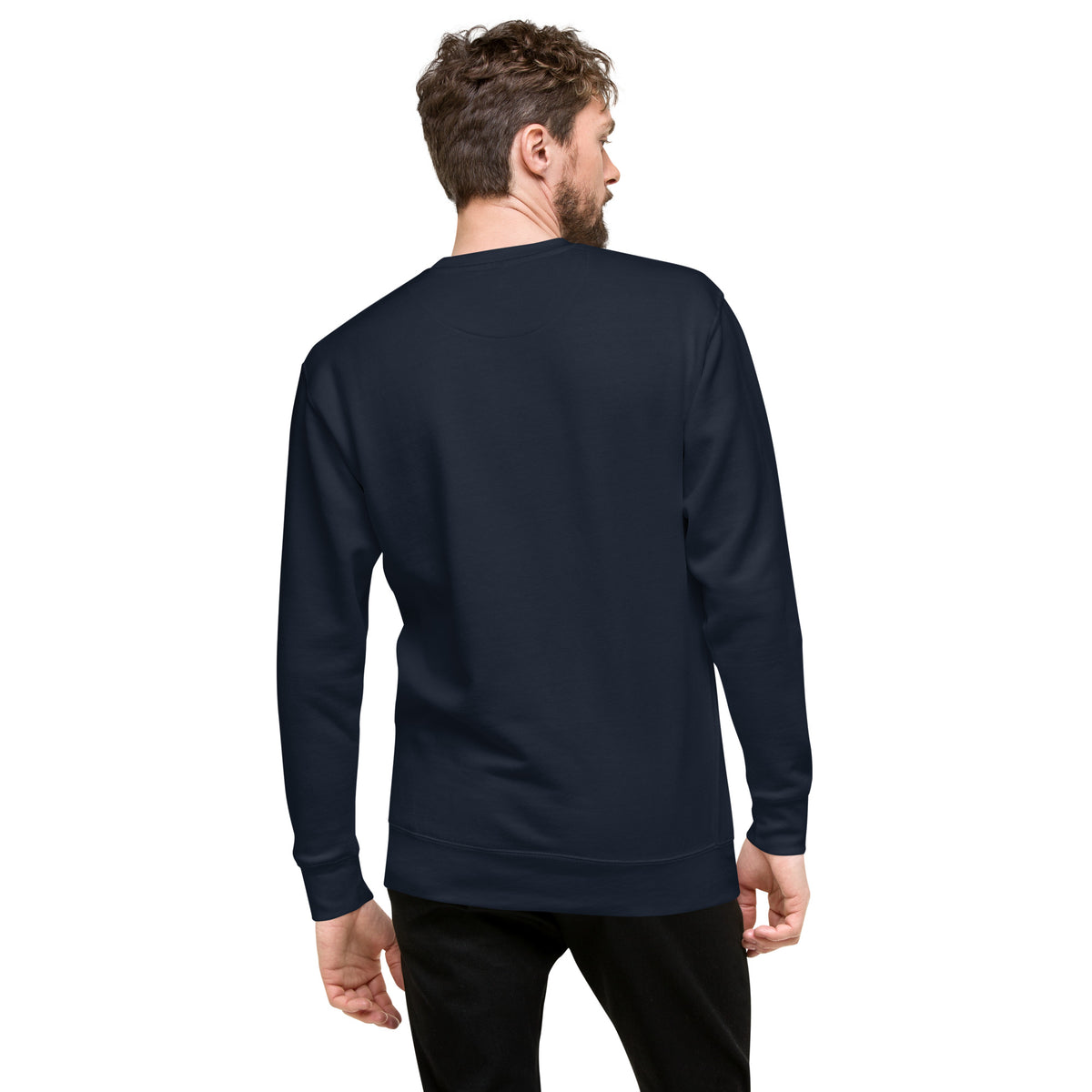Rear view of man wearing navy sweatshirt.