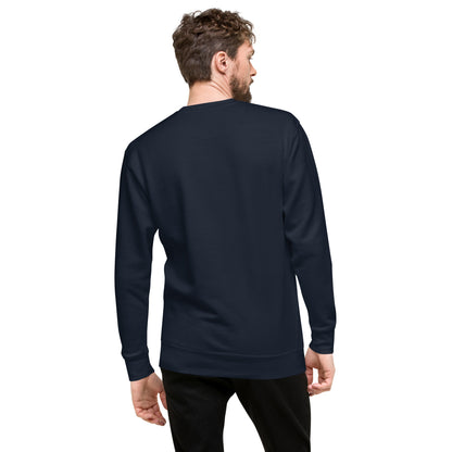 Rear view of man wearing navy sweatshirt.