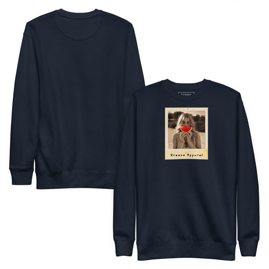 Navy sweatshirt with graphic of woman holding slice of watermelon in front of her mouth. Plain back also shown.