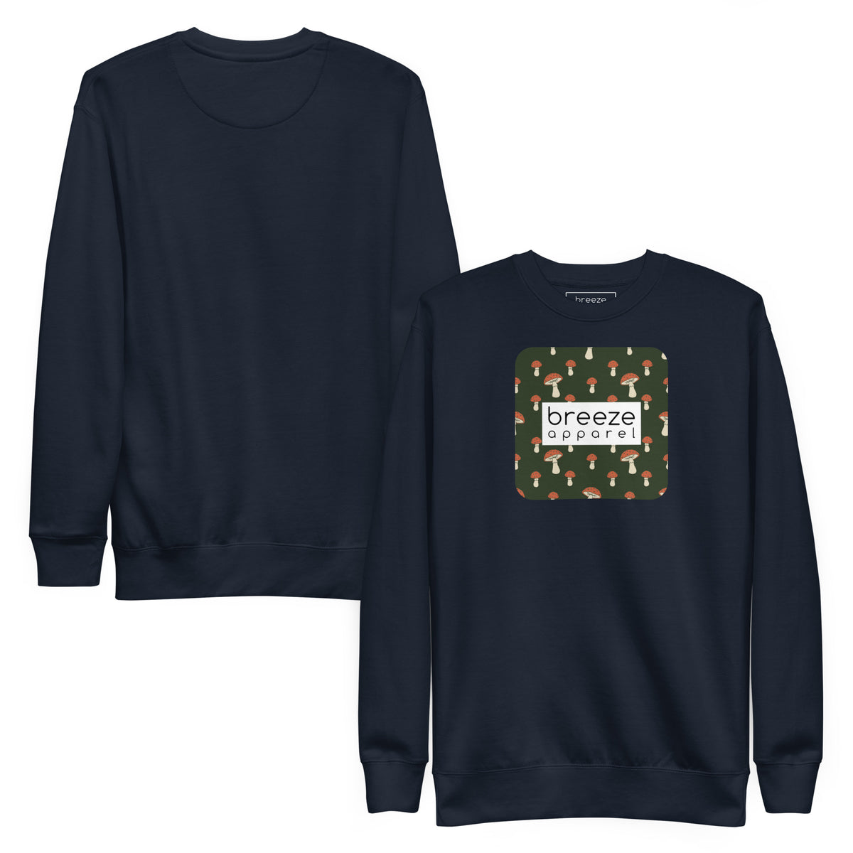 Navy sweatshirt with square graphic of mushrooms set on a green background and overlaid with a white, rectangular logo. Plain back also shown.