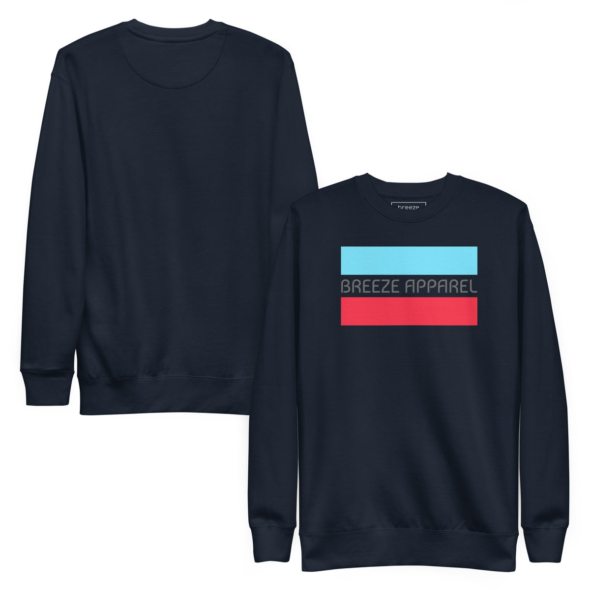 Navy sweatshirt with logo consisting of gray lettering set between light-blue and red horizontal lines. Plain back also shown.
