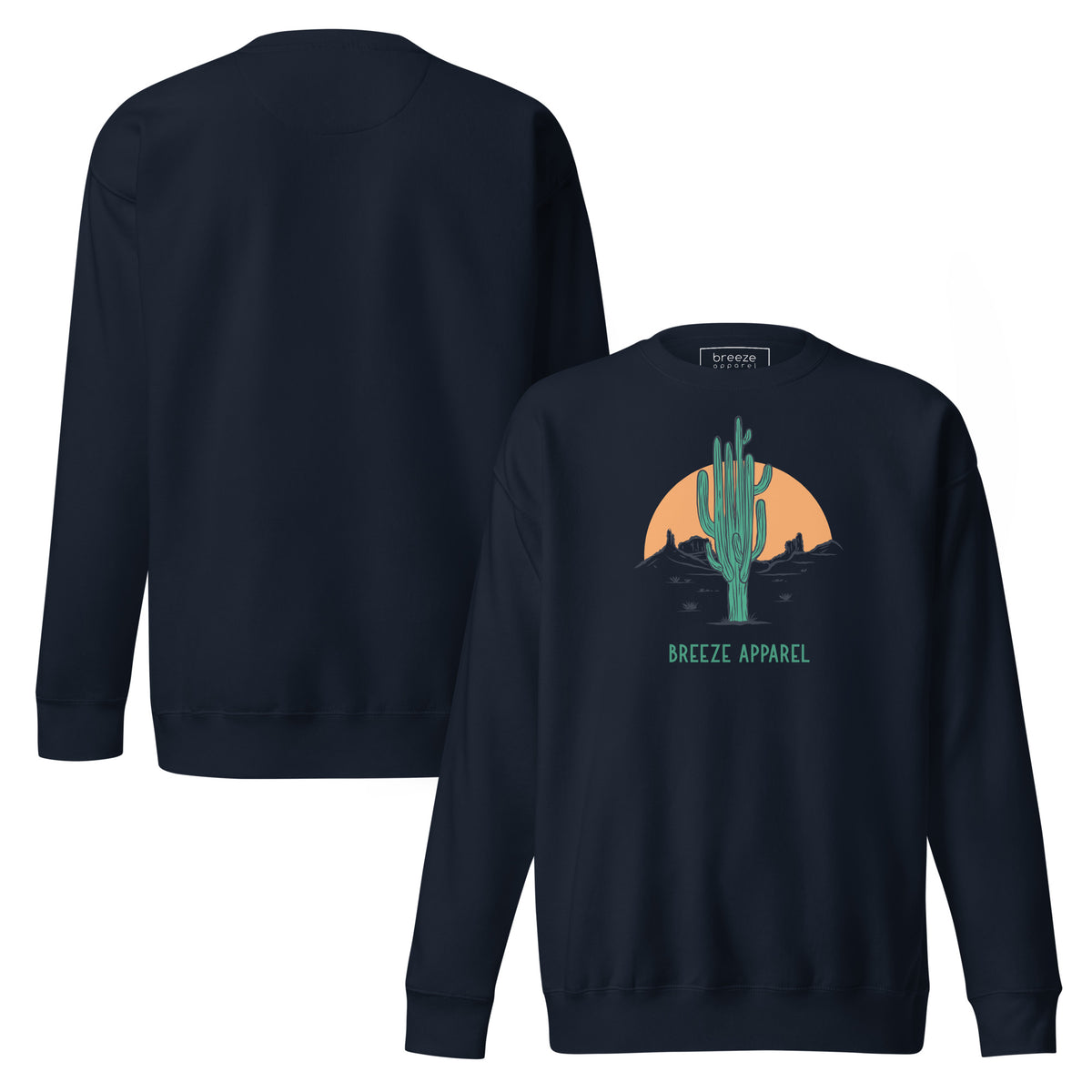 Navy sweatshirt with graphic of cactus and sun. Plain back also shown.
