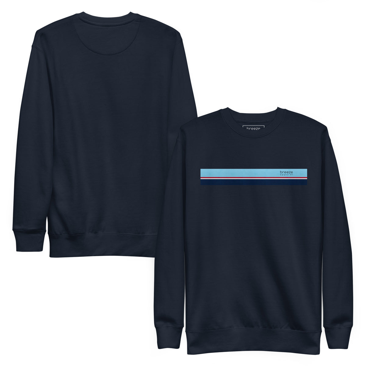 Navy sweatshirt with horizontal light-blue, red, white, and navy stripes across chest. Plain back also shown.
