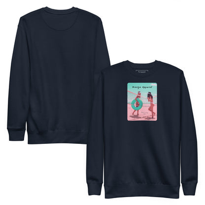Navy sweatshirt with graphic of two women in bikinis, talking on the beach. Plain back of shirt is also shown.