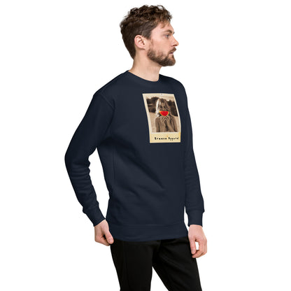 Man wearing navy sweatshirt with graphic of woman holding slice of watermelon in front of her mouth.