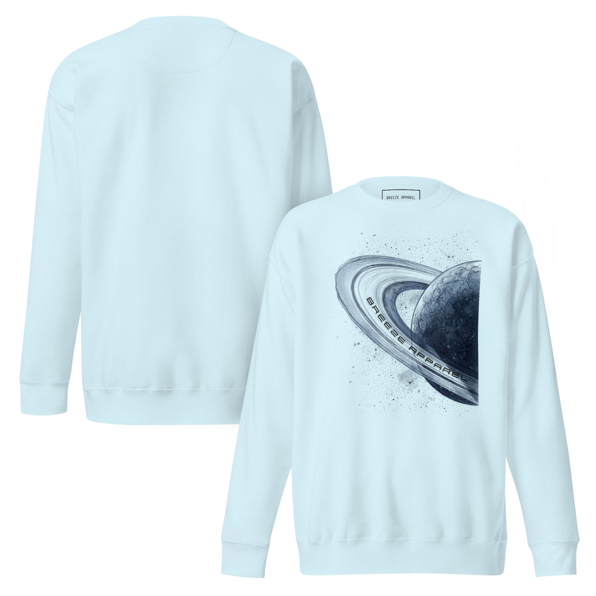 Blue sweatshirt with graphic of blue planet. Plain back of shirt also shown.